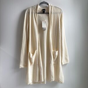 Eileen Fisher Hooded Open Long Slim Cardigan Organic Cotton Sweater Cream Medium